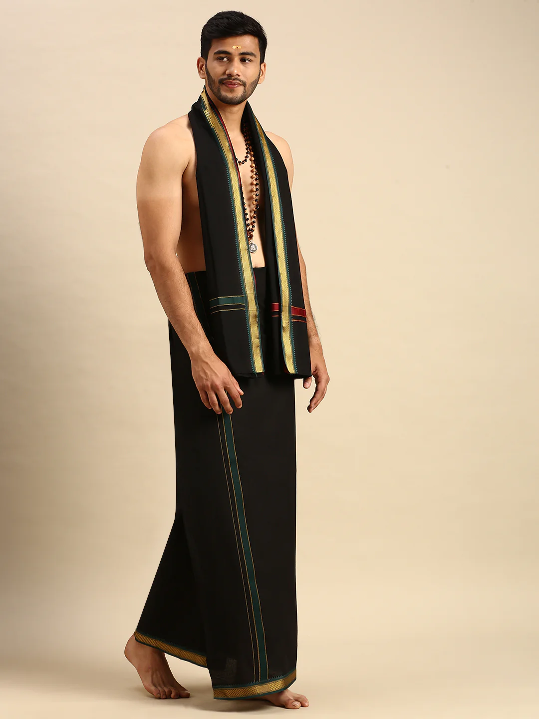 Men 100% Cotton Single Layer Black Dhoti & Towel Set with Mayilkhan Border Brindhavan - Image 3