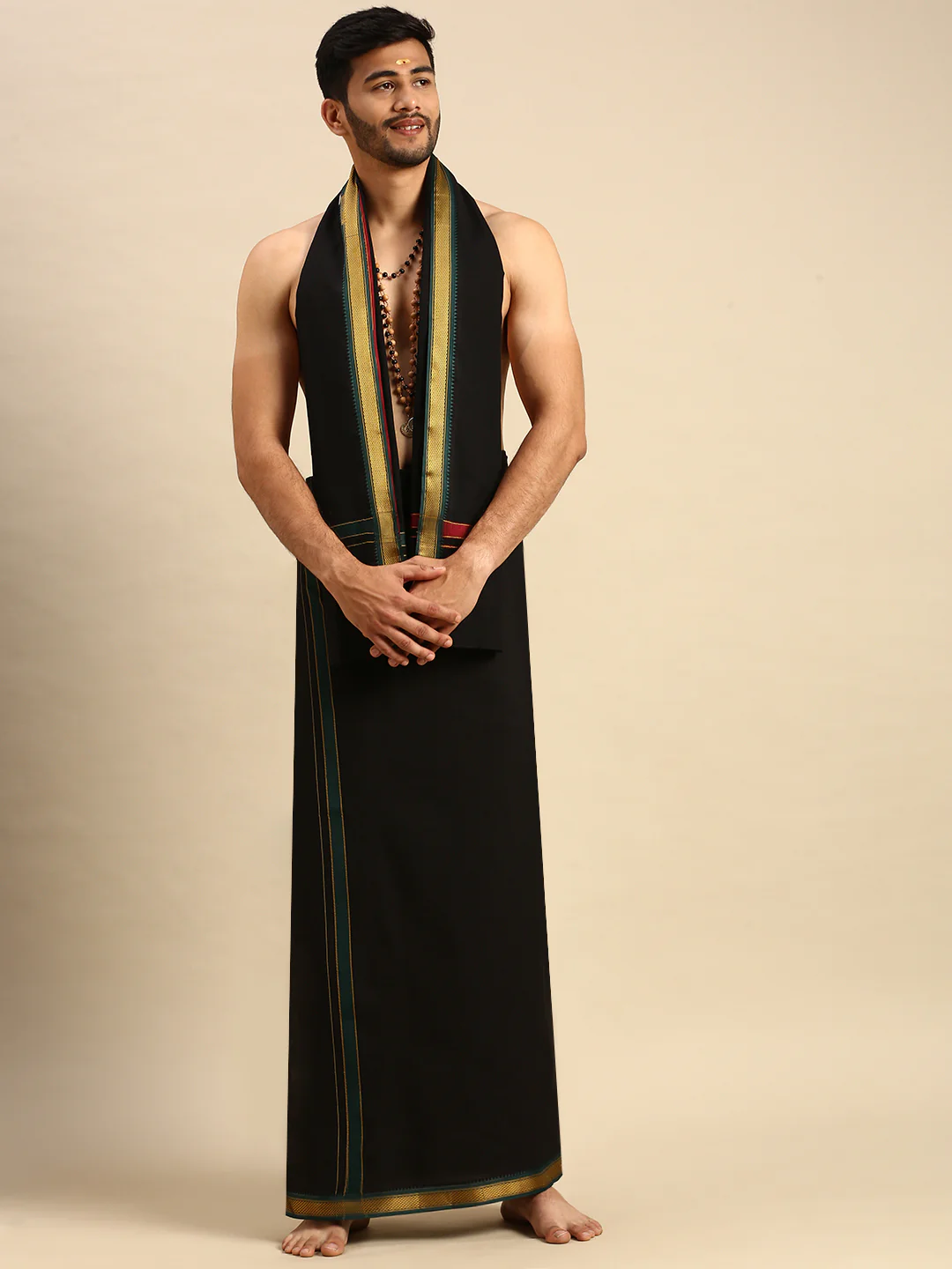 Men 100% Cotton Single Layer Black Dhoti & Towel Set with Mayilkhan Border Brindhavan - Image 4