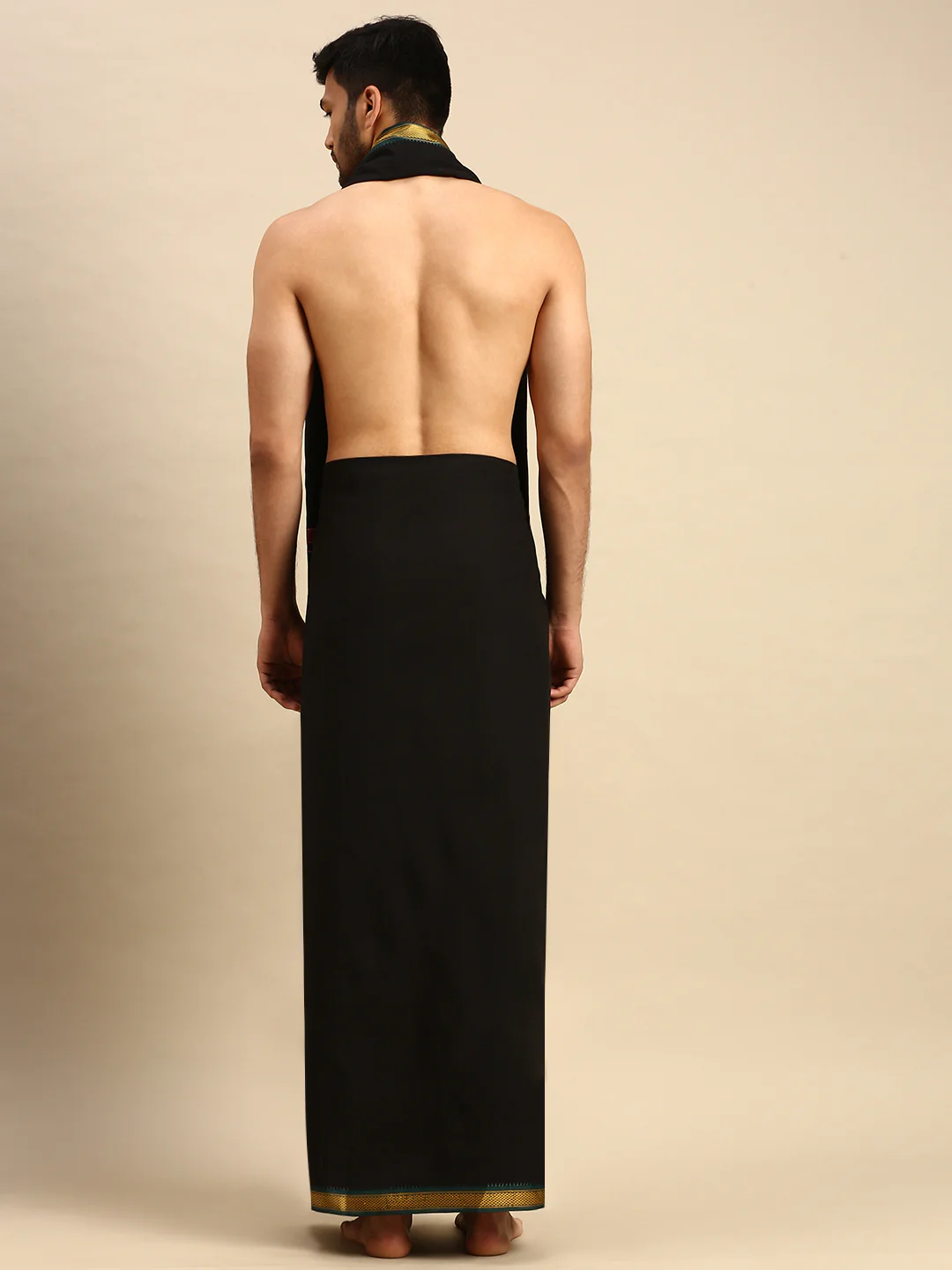 Men 100% Cotton Single Layer Black Dhoti & Towel Set with Mayilkhan Border Brindhavan - Image 5