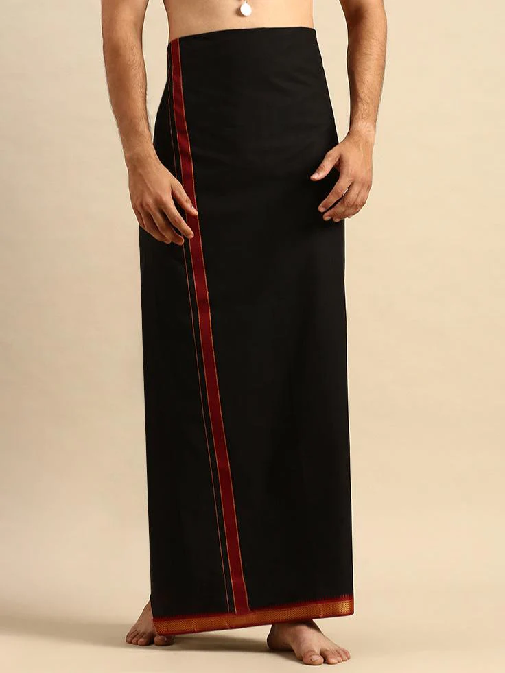 Men 100% Cotton Single Layer Black Dhoti with Mayilkhan Border Brindhavan