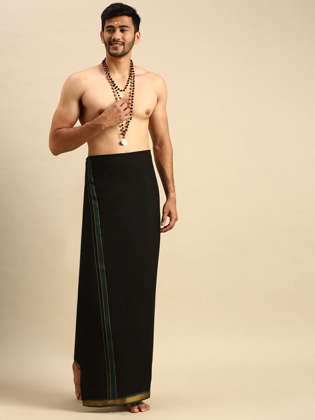 Men 100% Cotton Single Layer Black Dhoti with Mayilkhan Border Brindhavan - Image 3