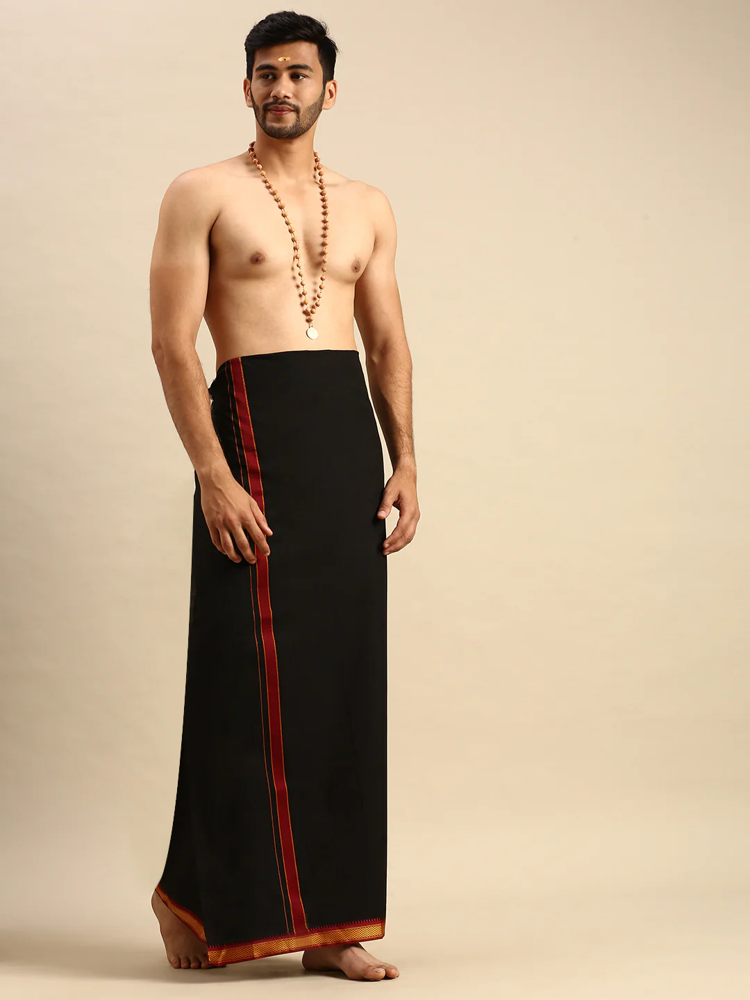 Men 100% Cotton Single Layer Black Dhoti with Mayilkhan Border Brindhavan - Image 4