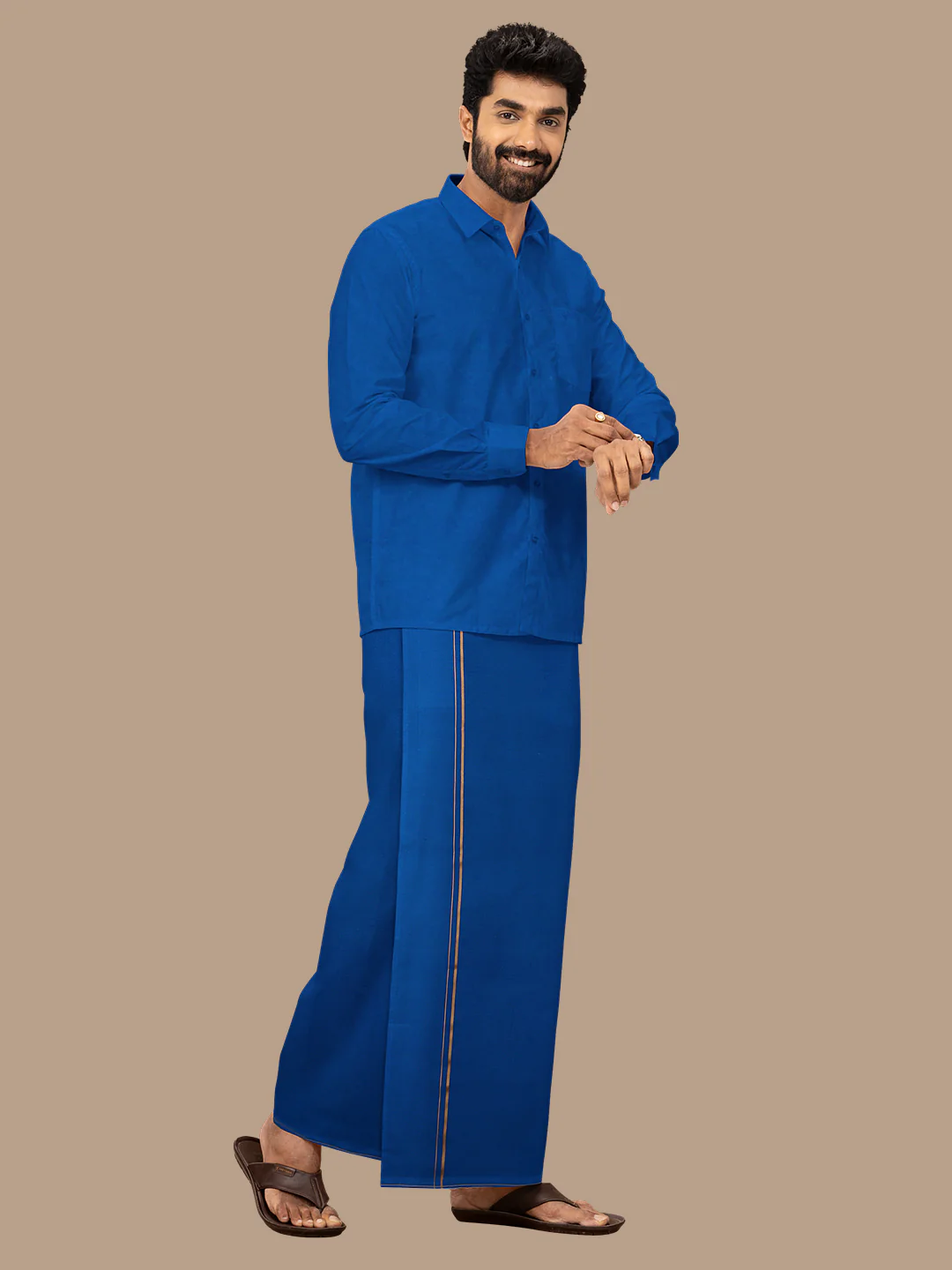 Men 100% Cotton Single Layer Blue Dhoti with Assorted Border Poojan SB - Image 2