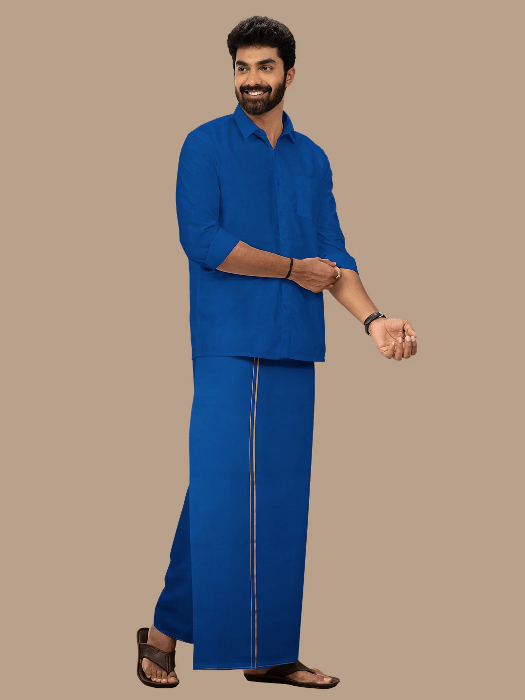 Men 100% Cotton Single Layer Blue Dhoti with Assorted Border Poojan SB - Image 5