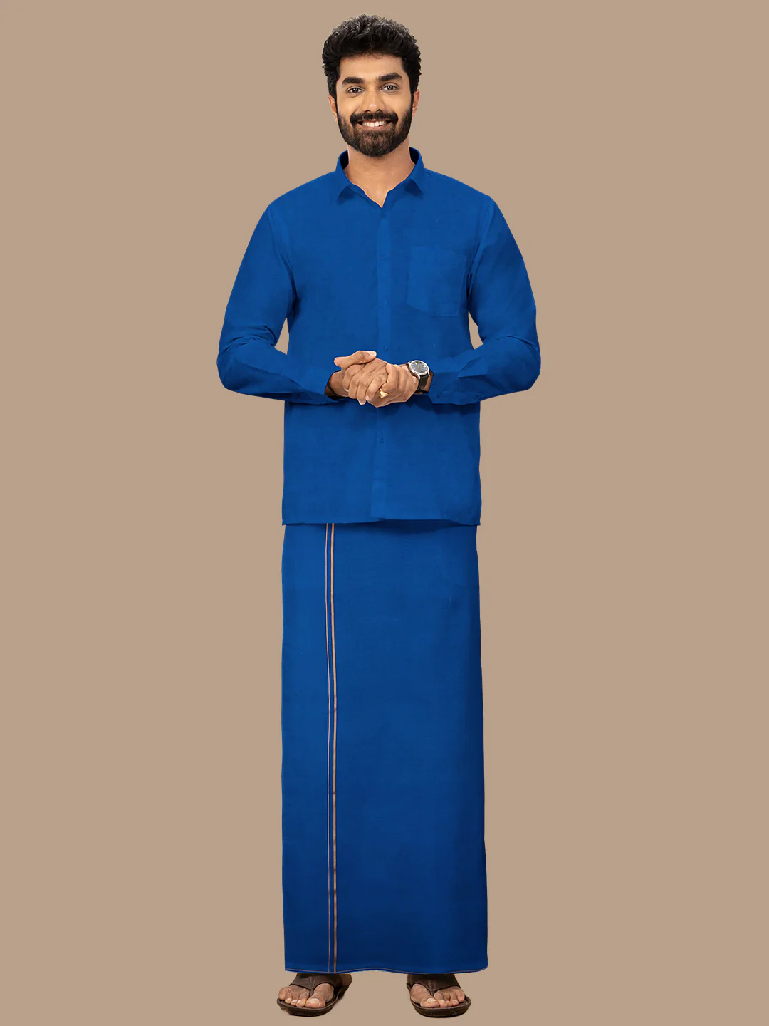 Men 100% Cotton Single Layer Blue Dhoti with Assorted Border Poojan SB - Image 6