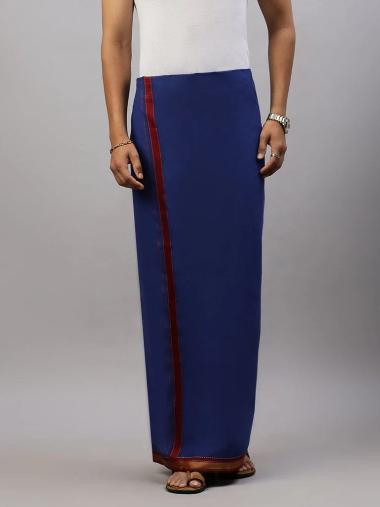 Men 100% Cotton Single Layer Blue Dhoti with Mayilkhan Border Brindhavan
