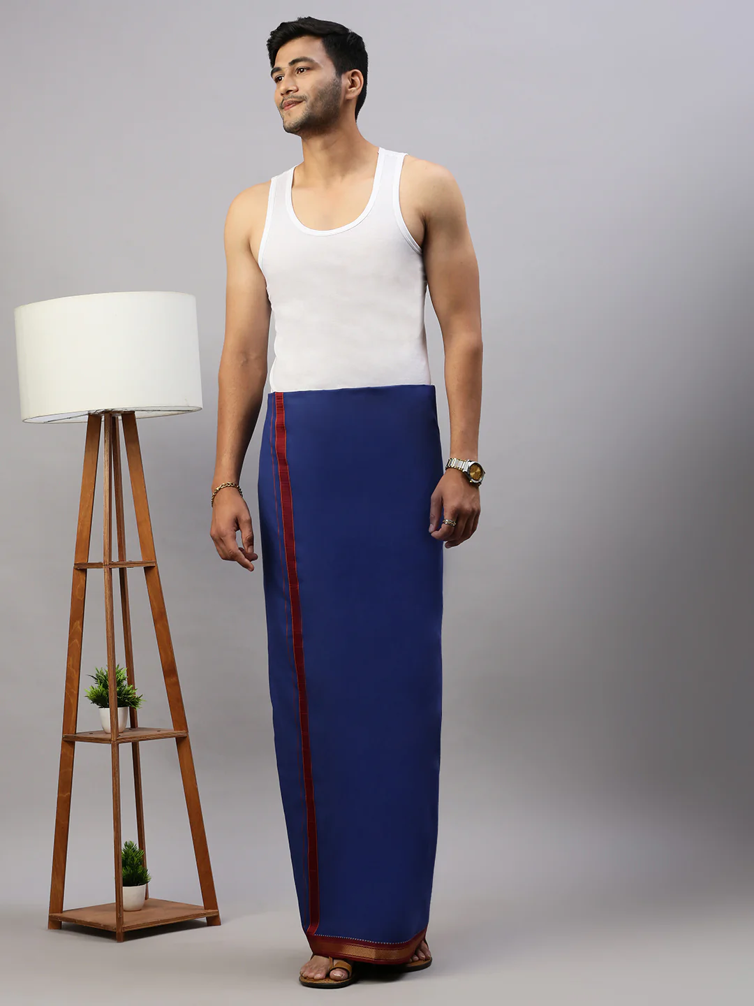 Men 100% Cotton Single Layer Blue Dhoti with Mayilkhan Border Brindhavan - Image 2