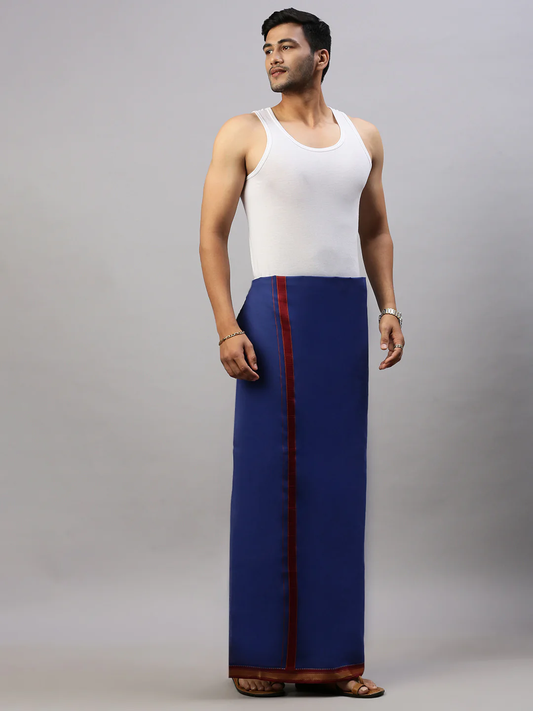 Men 100% Cotton Single Layer Blue Dhoti with Mayilkhan Border Brindhavan - Image 3