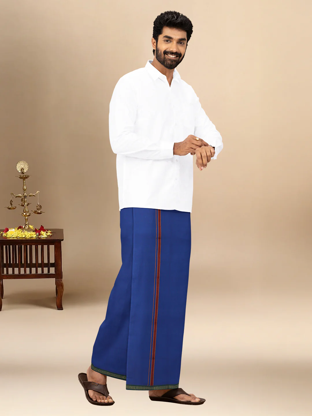 Men 100% Cotton Single Layer Blue Dhoti with Mayilkhan Border Slokam (4 Way Dhoti ) - Image 2