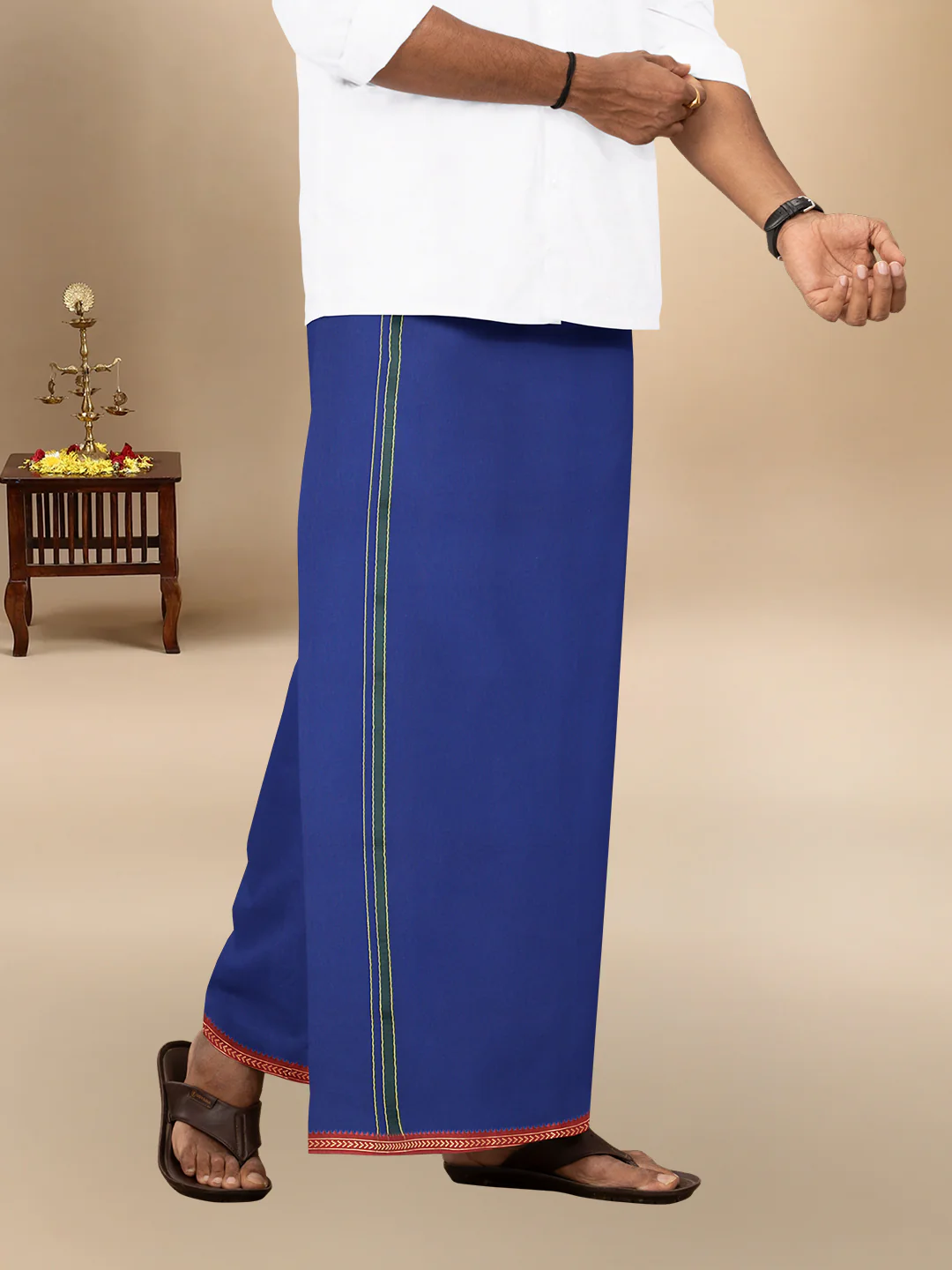 Men 100% Cotton Single Layer Blue Dhoti with Mayilkhan Border Slokam (4 Way Dhoti ) - Image 3