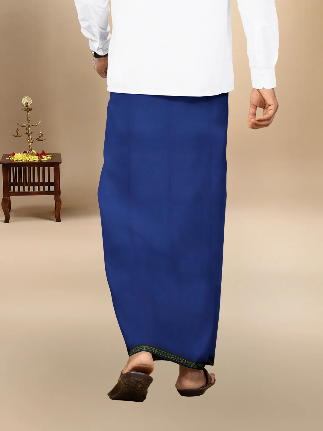 Men 100% Cotton Single Layer Blue Dhoti with Mayilkhan Border Slokam (4 Way Dhoti ) - Image 4