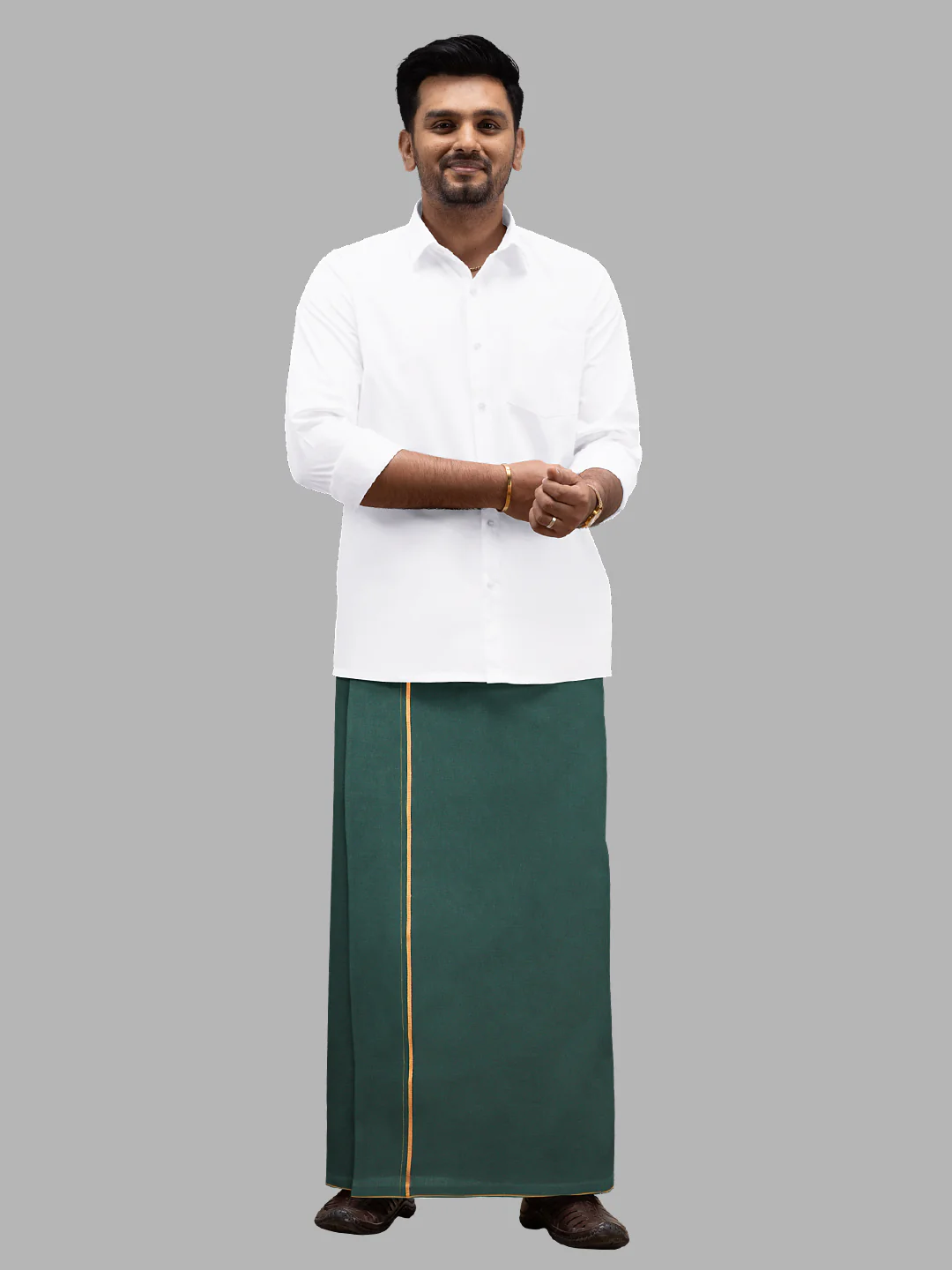 Men 100% Cotton Single Layer Bottle Green Dhoti with Assorted Border Poojan SB - Image 2