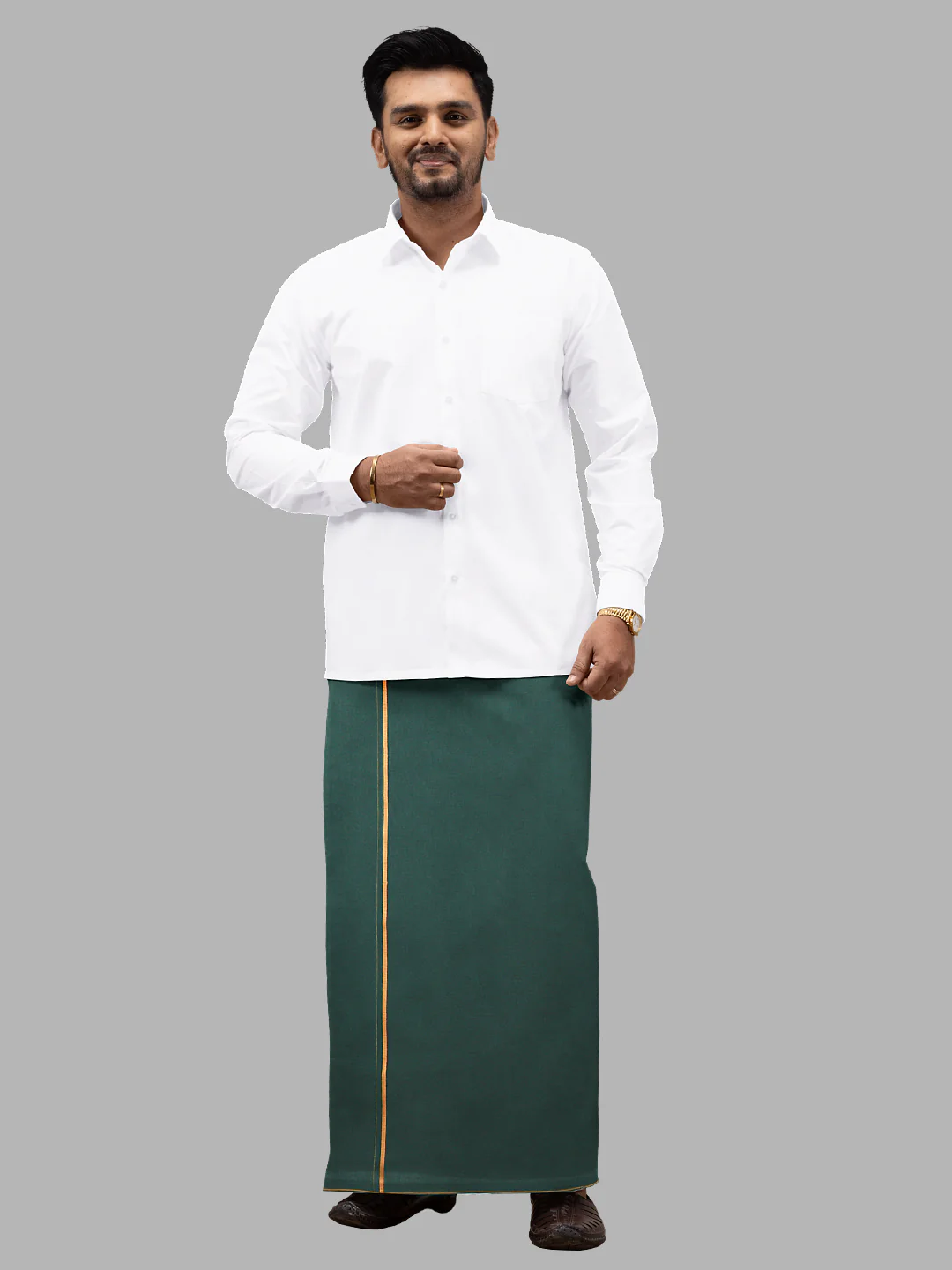 Men 100% Cotton Single Layer Bottle Green Dhoti with Assorted Border Poojan SB - Image 4