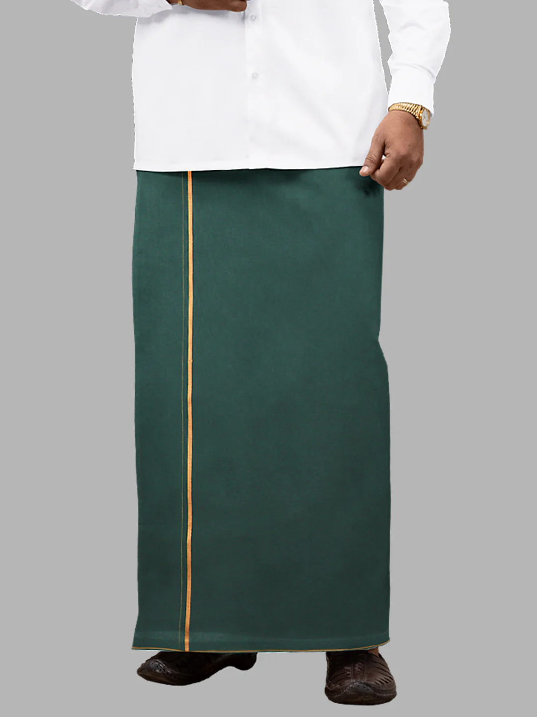 Men 100% Cotton Single Layer Bottle Green Dhoti with Assorted Border Poojan SB - Image 5