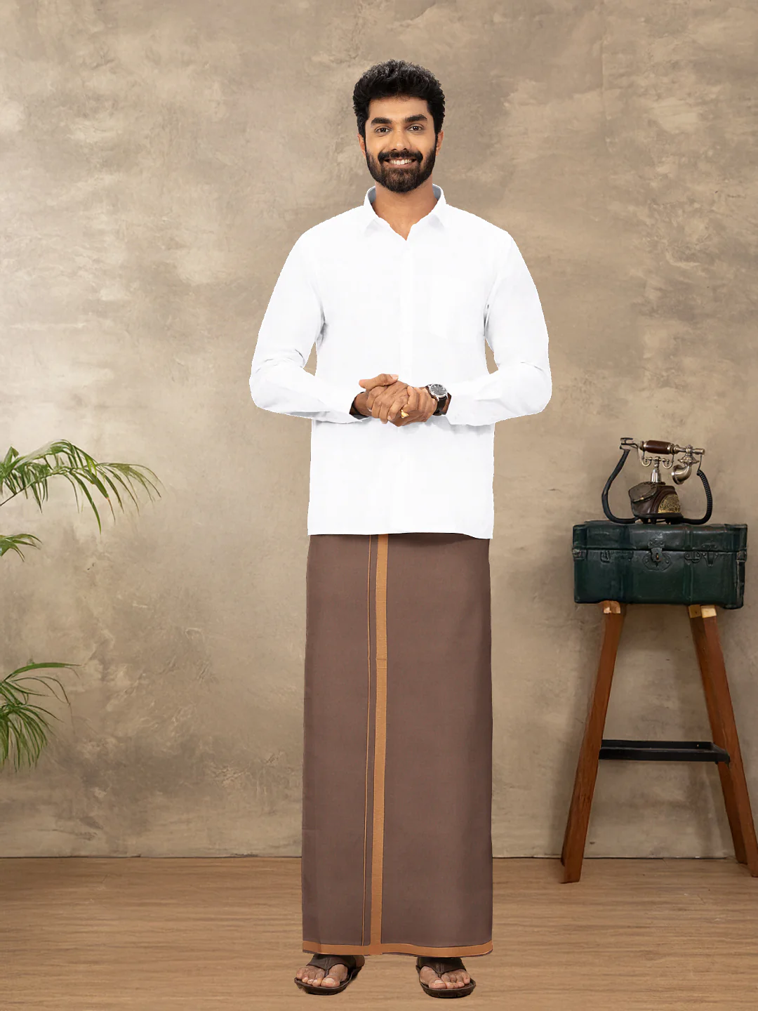 Men 100% Cotton Single Layer Brown Dhoti with Big Border Poojan - Image 2