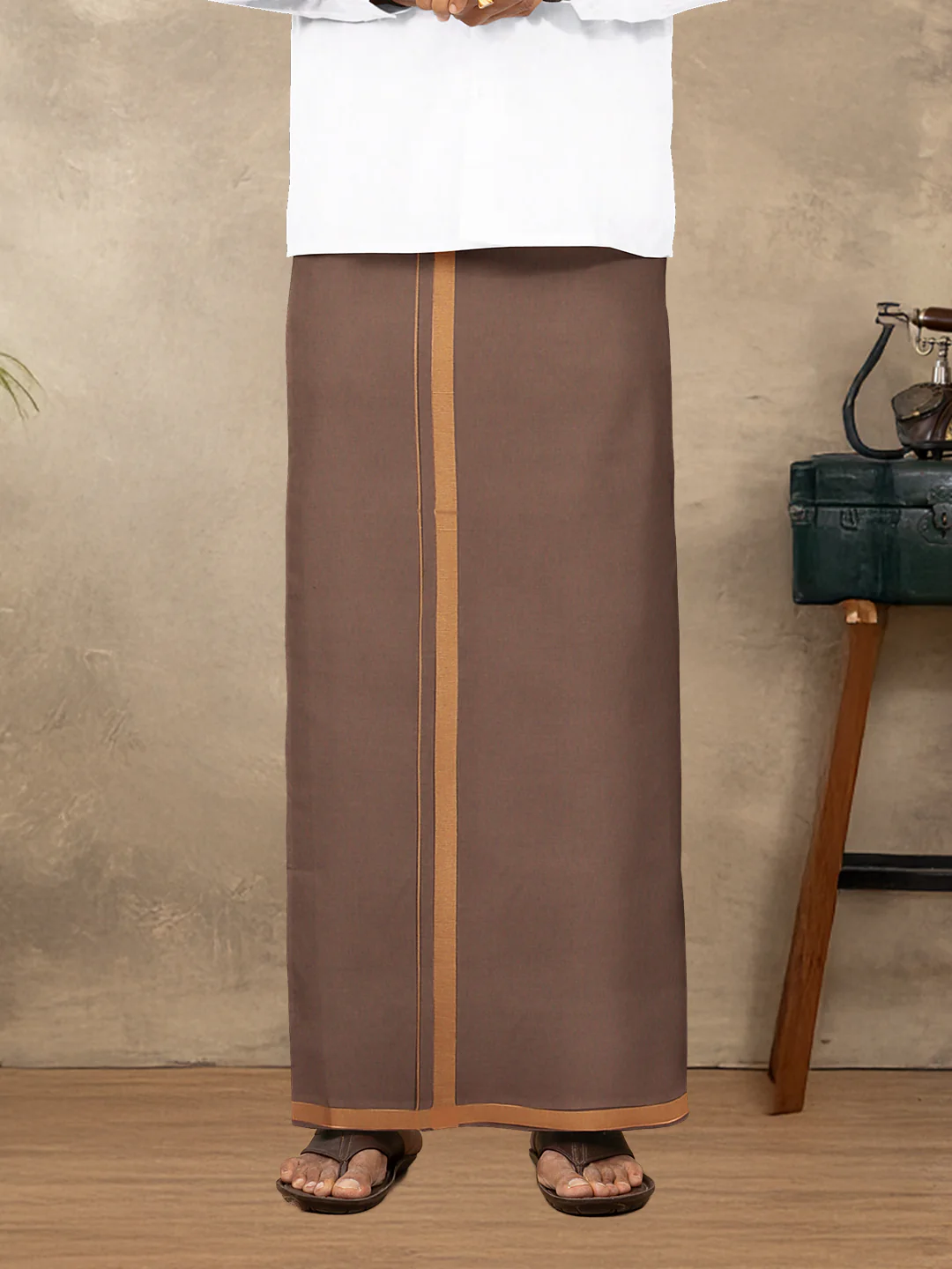 Men 100% Cotton Single Layer Brown Dhoti with Big Border Poojan - Image 4