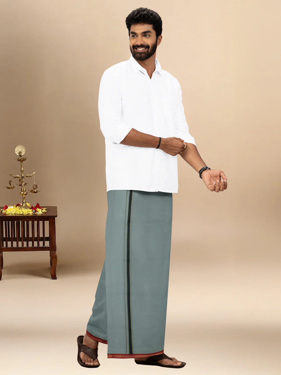 Men 100% Cotton Single Layer Cement Dhoti with Mayilkhan Border Slokam (4 Way Dhoti ) - Image 2