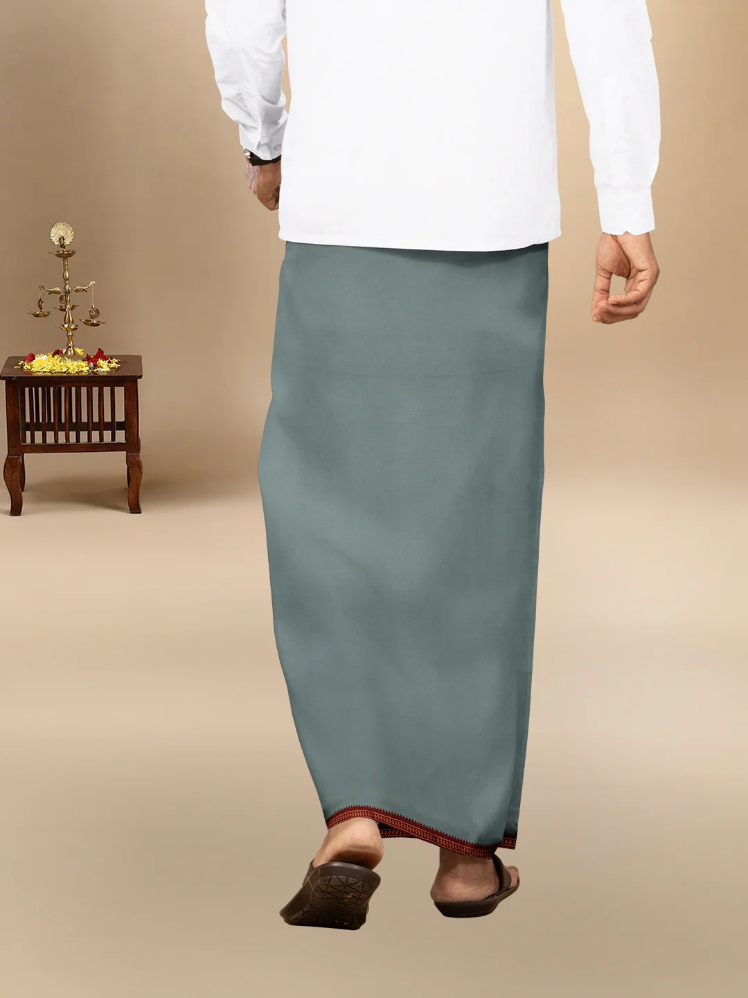 Men 100% Cotton Single Layer Cement Dhoti with Mayilkhan Border Slokam (4 Way Dhoti ) - Image 3