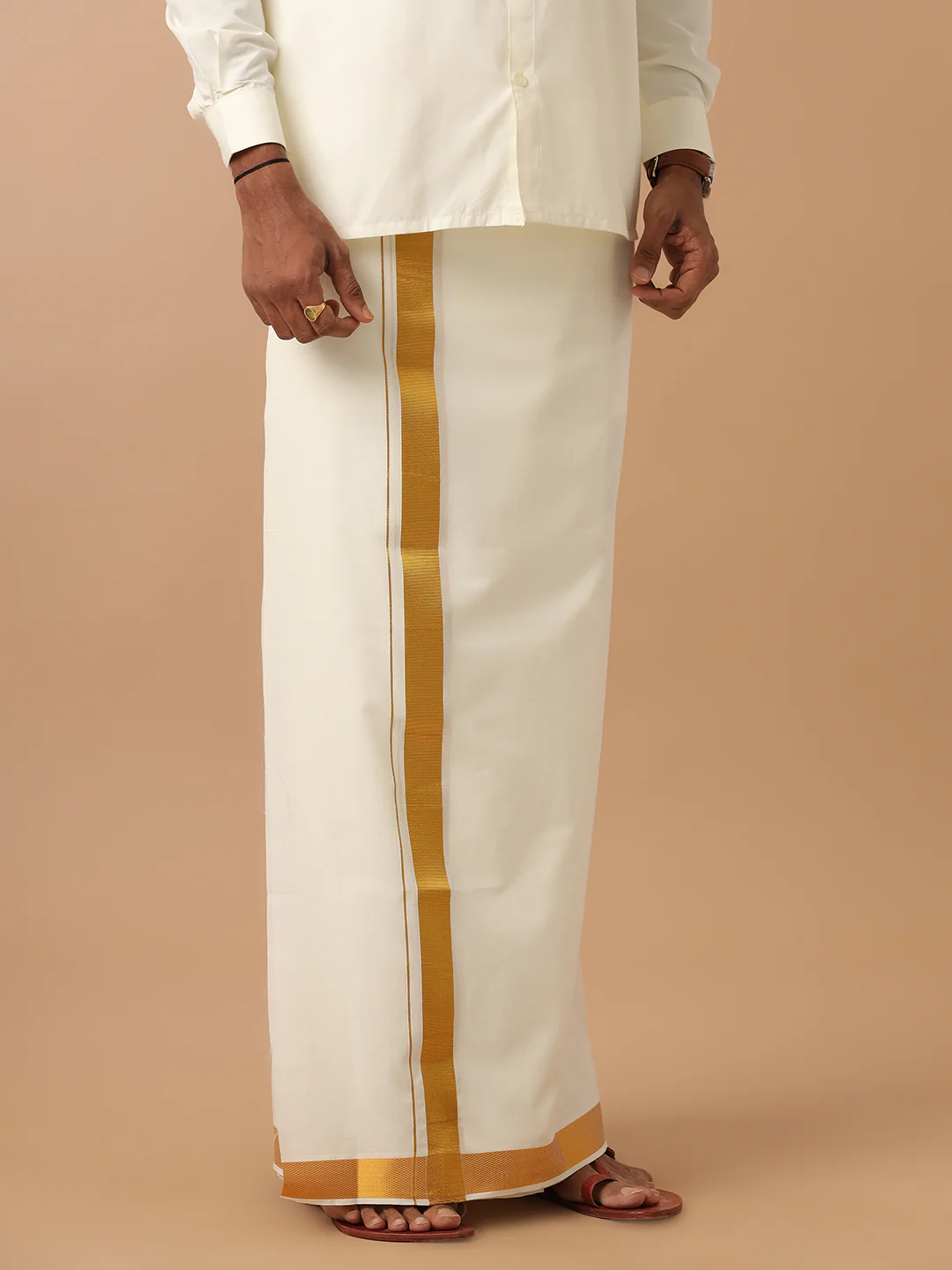 Men 100% Cotton Single Layer Cream Dhoti with 1 1/2" Gold Jari Border Career - Image 5