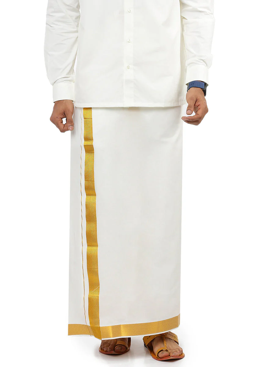 Men 100% Cotton Single Layer Cream Dhoti with 1 1/2" Gold Jari Border Career (Pack of 2) - Image 2