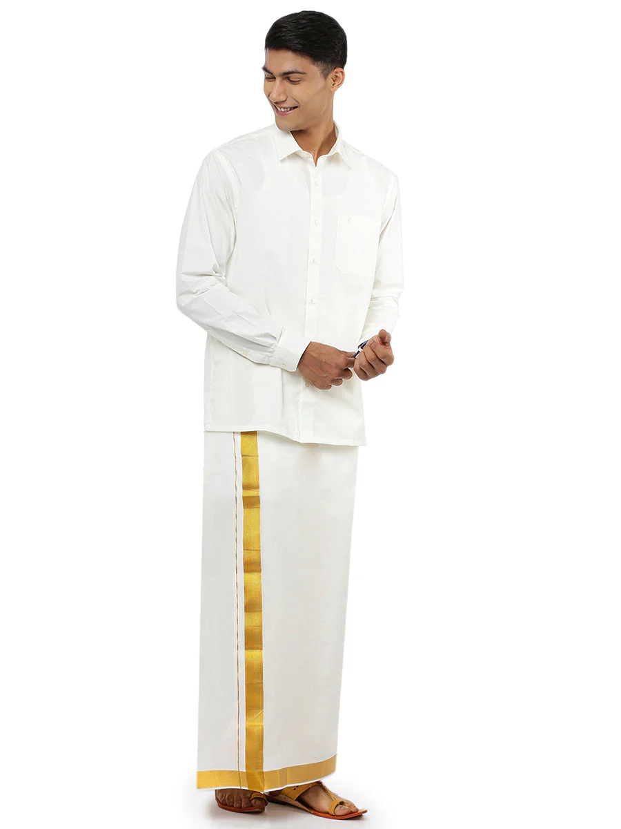 Men 100% Cotton Single Layer Cream Dhoti with 1 1/2" Gold Jari Border Career (Pack of 2) - Image 3