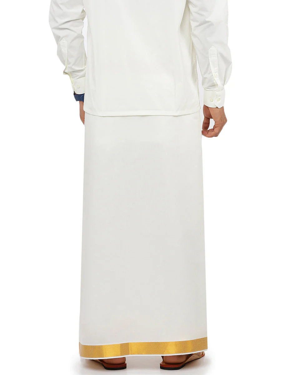 Men 100% Cotton Single Layer Cream Dhoti with 1 1/2" Gold Jari Border Career (Pack of 2) - Image 4