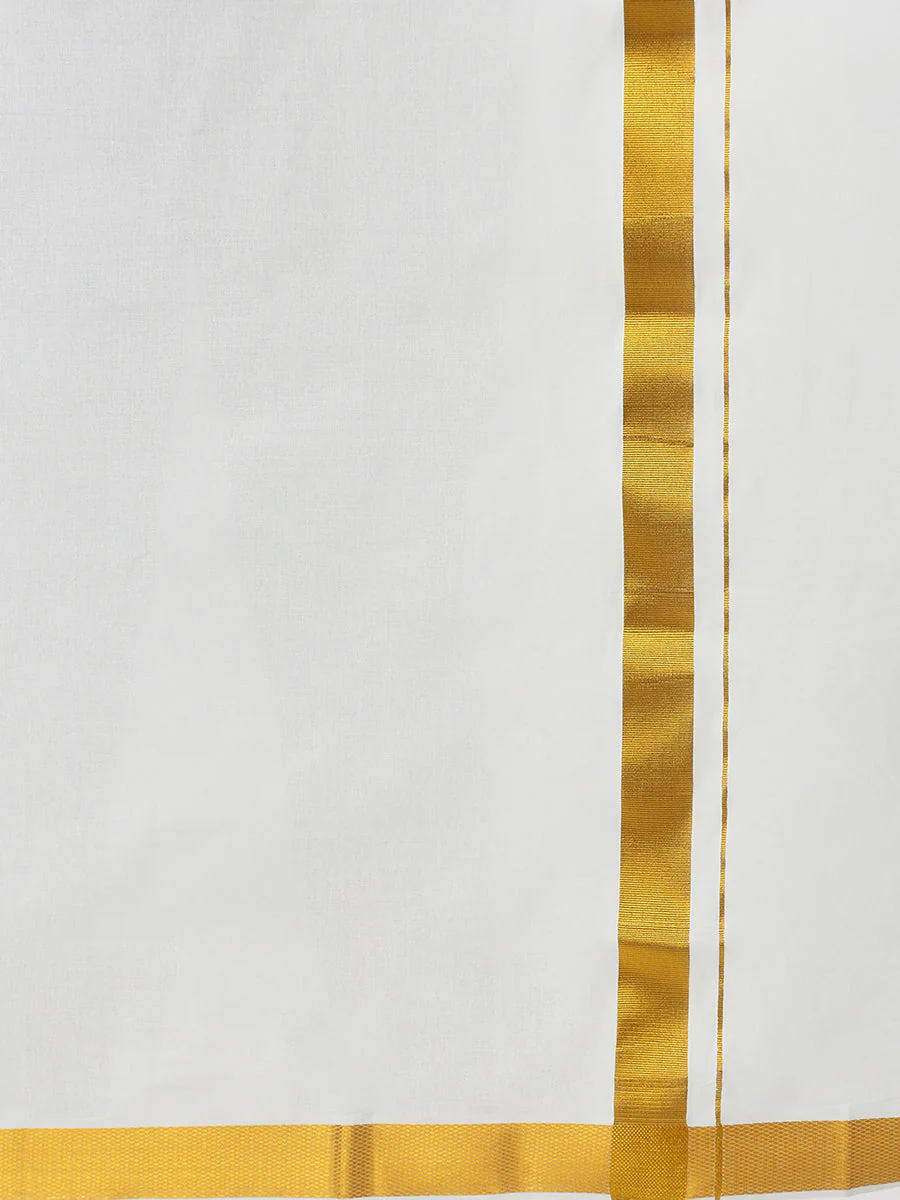 Men 100% Cotton Single Layer Cream Dhoti with 1 1/2" Gold Jari Border Career (Pack of 2) - Image 5