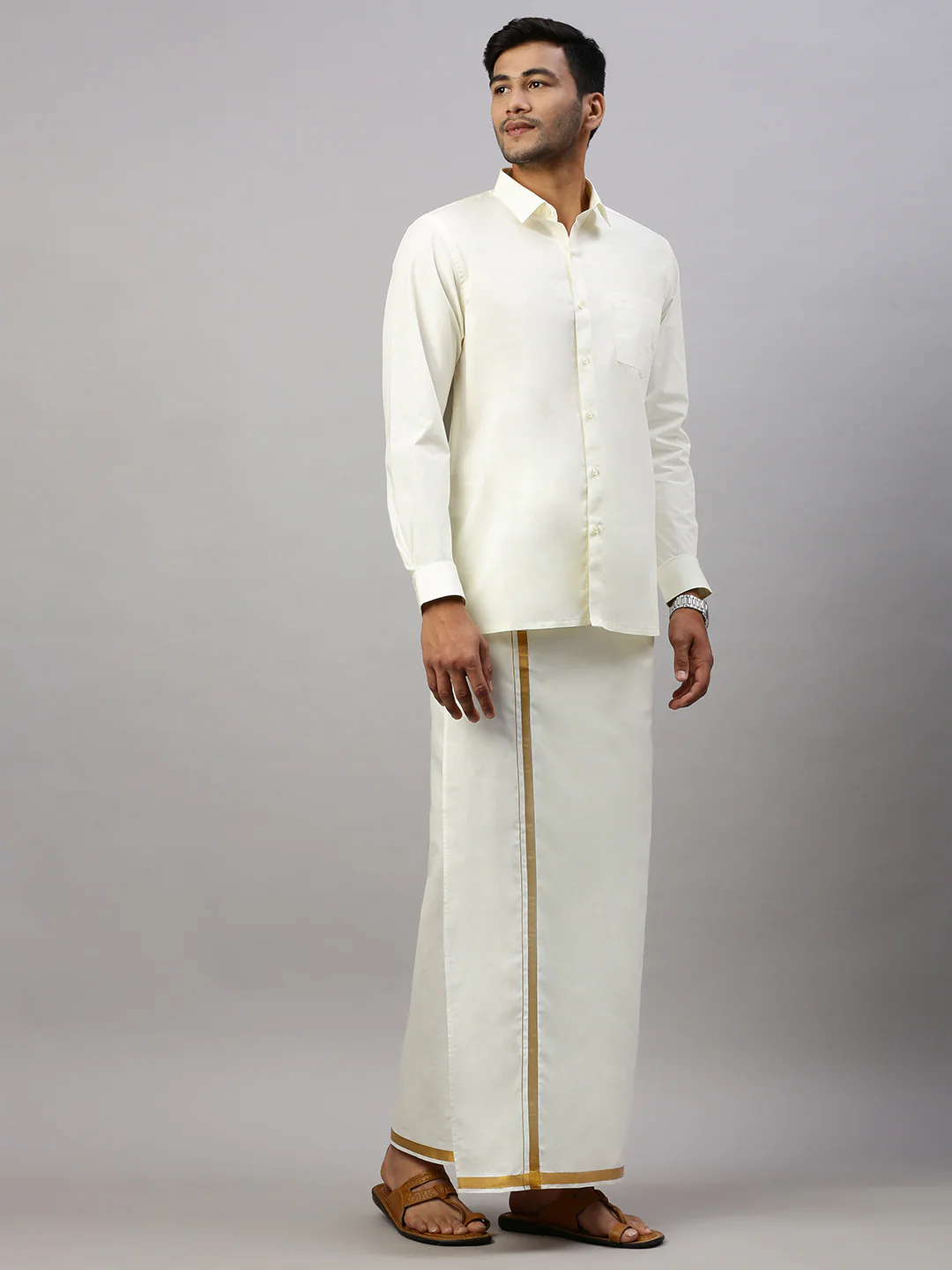 Men 100% Cotton Single Layer Cream Dhoti with 1/2" Gold Jari Border Maestro - Image 3