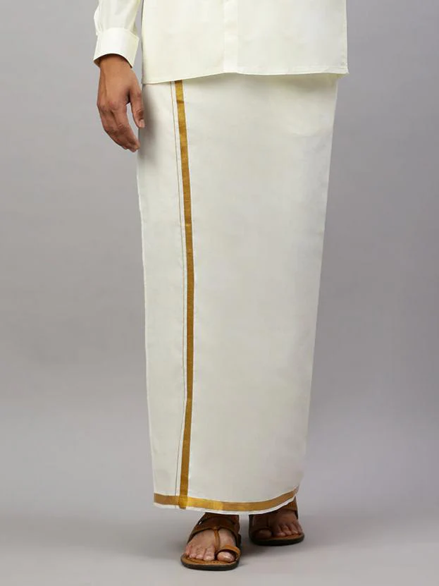 Men 100% Cotton Single Layer Cream Dhoti with 3/4" Gold Jari Border Career
