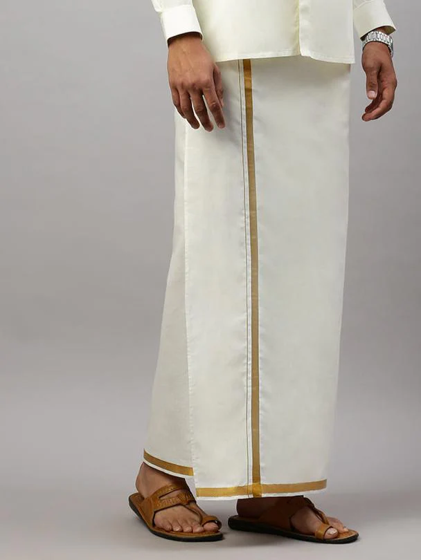 Men 100% Cotton Single Layer Cream Dhoti with 3/4" Gold Jari Border Galaxy 190J