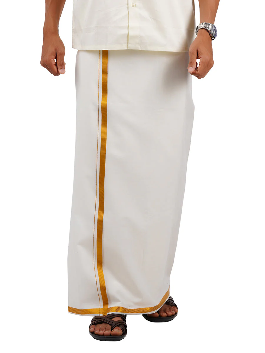 Men 100% Cotton Single Layer Cream Dhoti with 3/4" Gold Jari Border Galaxy 190J (Pack of 2) - Image 2