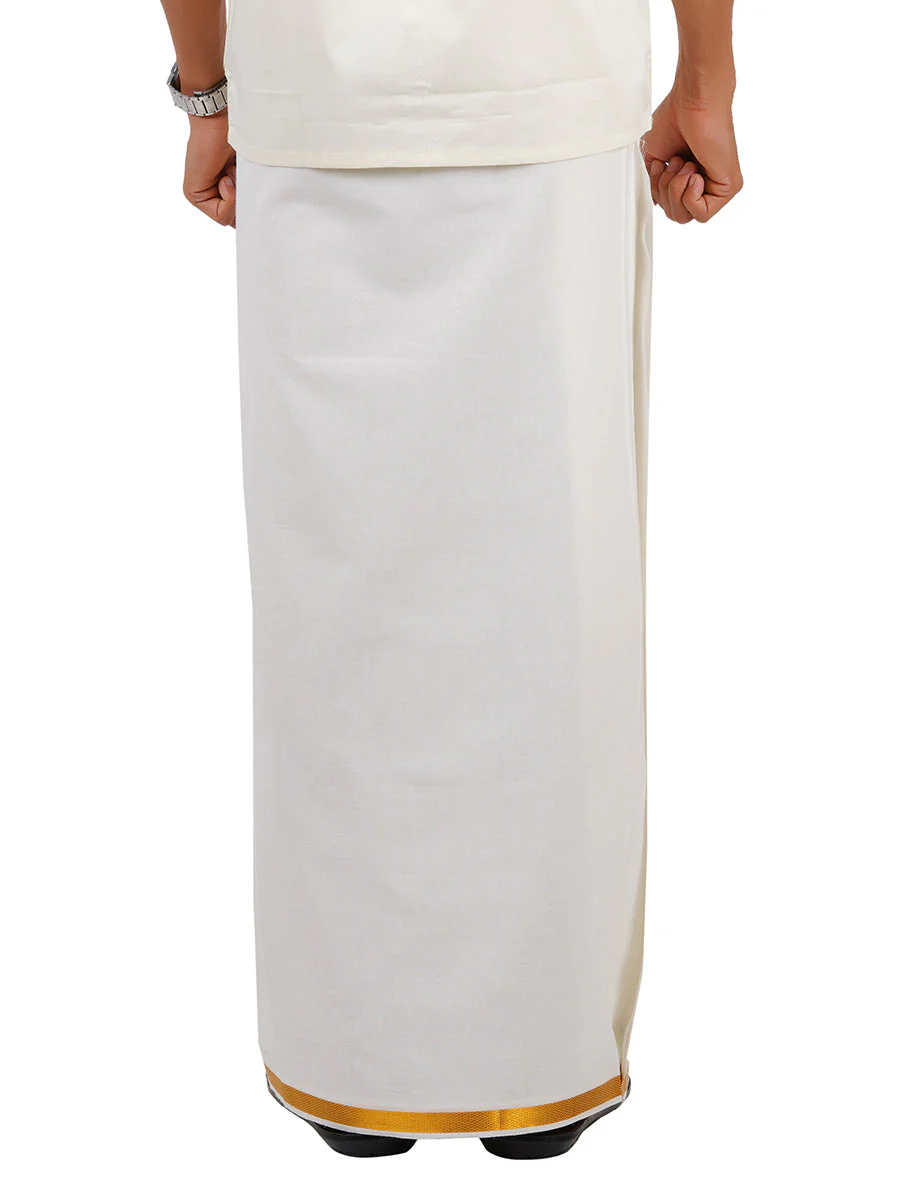 Men 100% Cotton Single Layer Cream Dhoti with 3/4" Gold Jari Border Galaxy 190J (Pack of 2) - Image 3