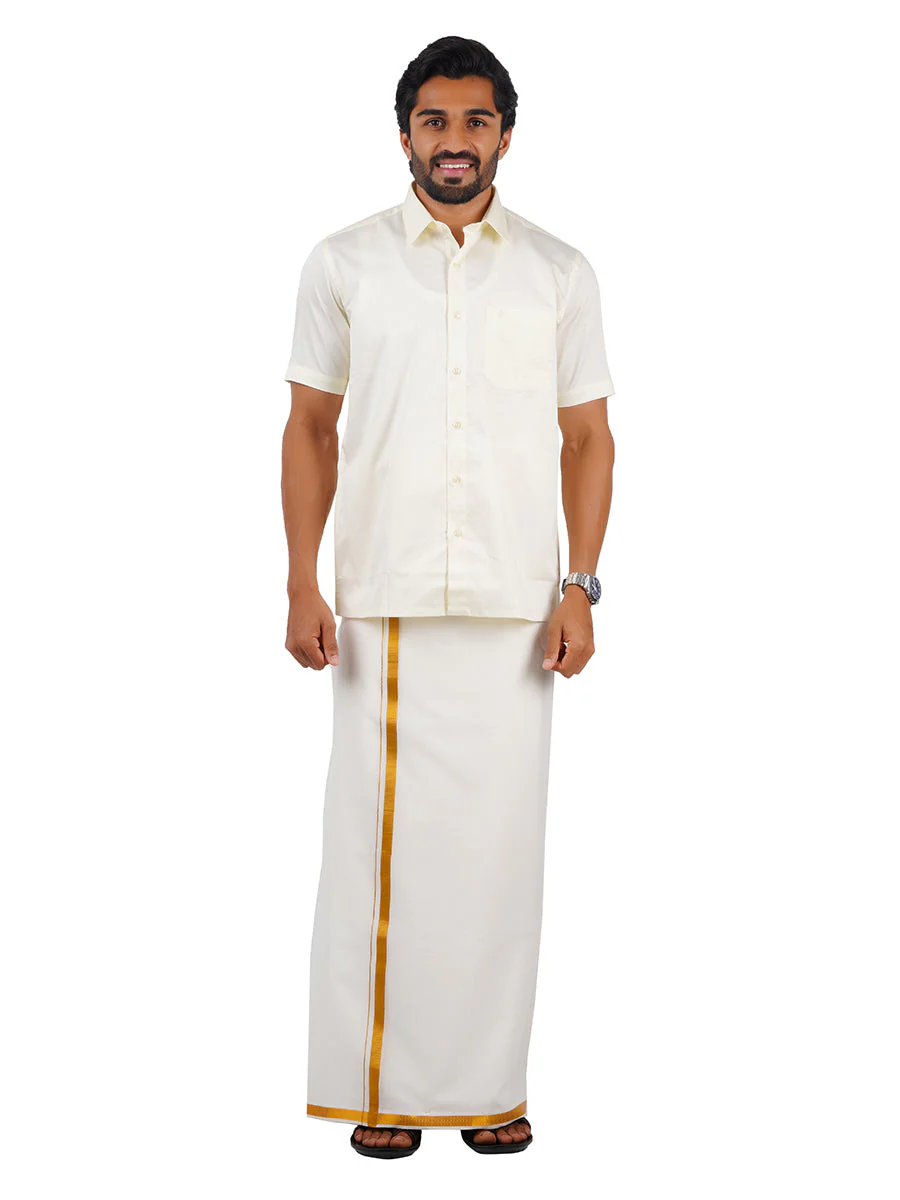 Men 100% Cotton Single Layer Cream Dhoti with 3/4" Gold Jari Border Galaxy 190J (Pack of 2) - Image 5