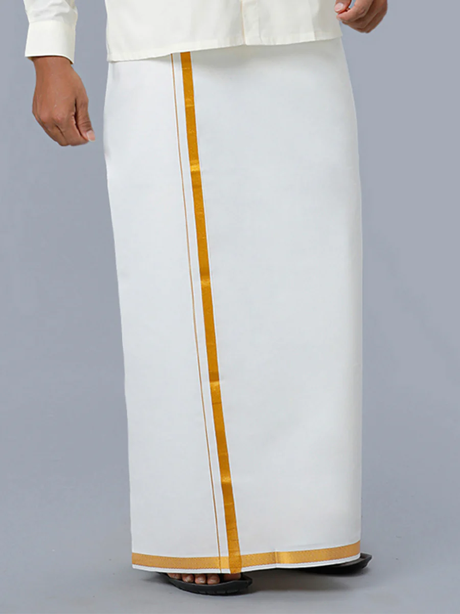 Men 100% Cotton Single Layer Cream Dhoti with 3/4" Gold Jari Border Maestro - Image 2