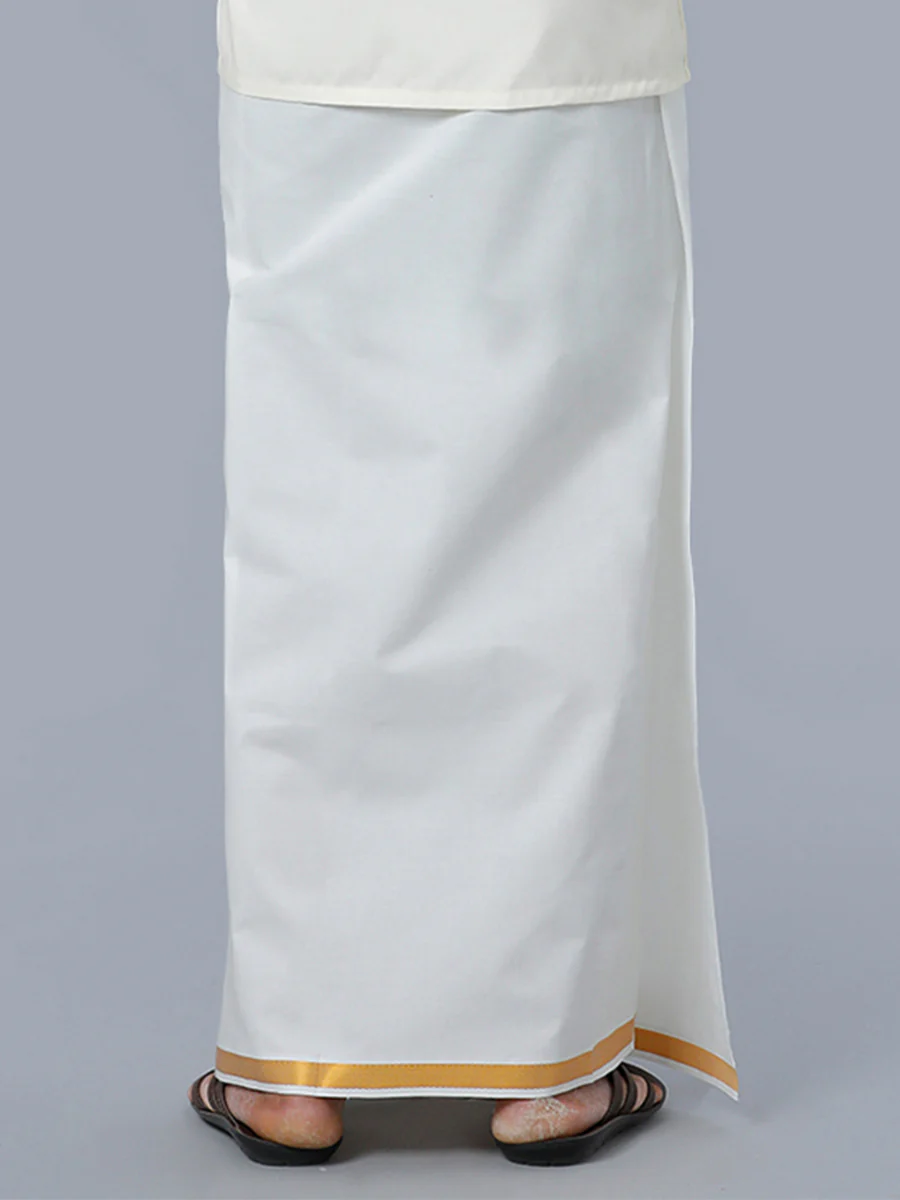 Men 100% Cotton Single Layer Cream Dhoti with 3/4" Gold Jari Border Maestro - Image 3