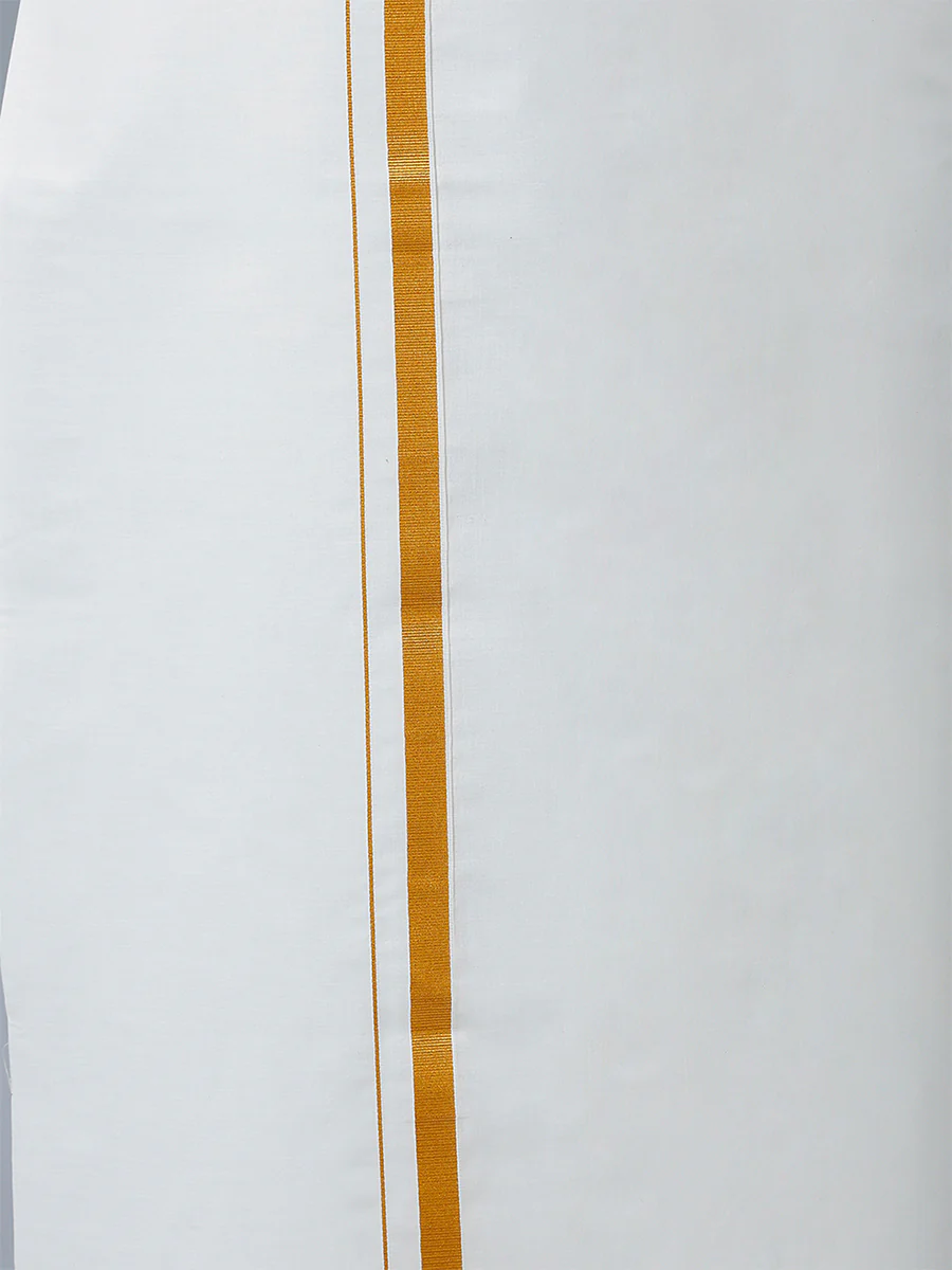 Men 100% Cotton Single Layer Cream Dhoti with 3/4" Gold Jari Border Maestro - Image 4
