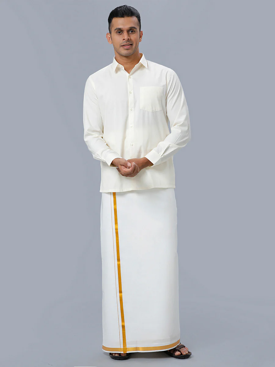 Men 100% Cotton Single Layer Cream Dhoti with 3/4" Gold Jari Border Maestro - Image 5