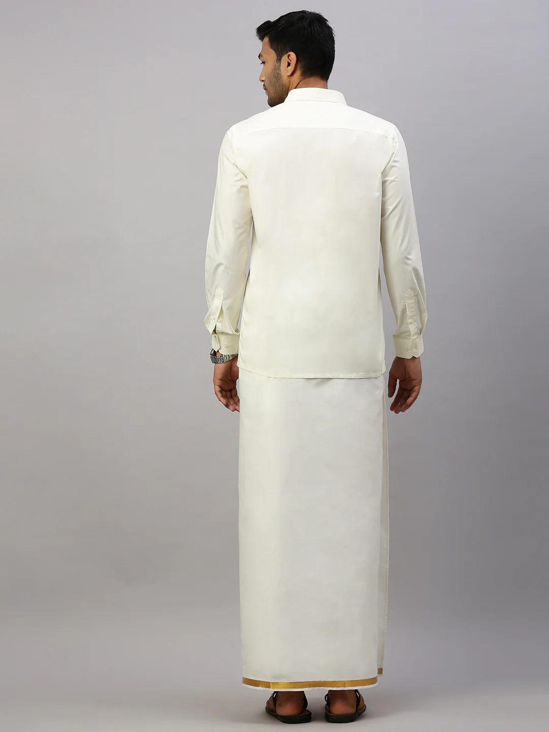 Men 100% Cotton Single Layer Cream Dhoti with Gold jari Border Career - Image 4