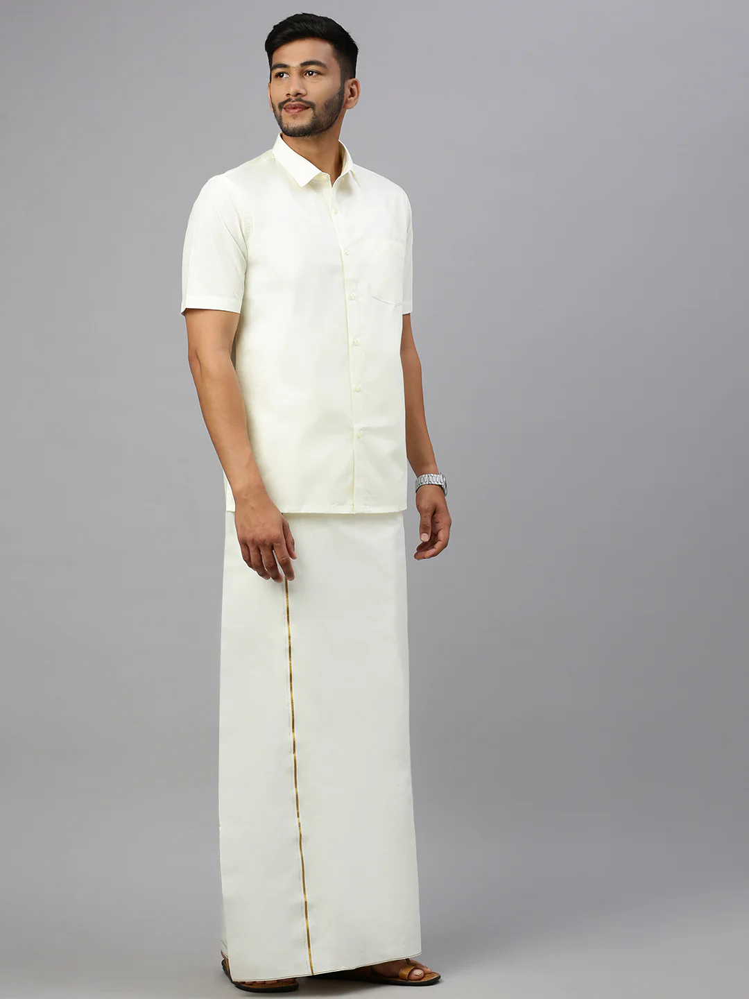 Men 100% Cotton Single Layer Cream Dhoti with Gold Jari Border Smart Nice - Image 2
