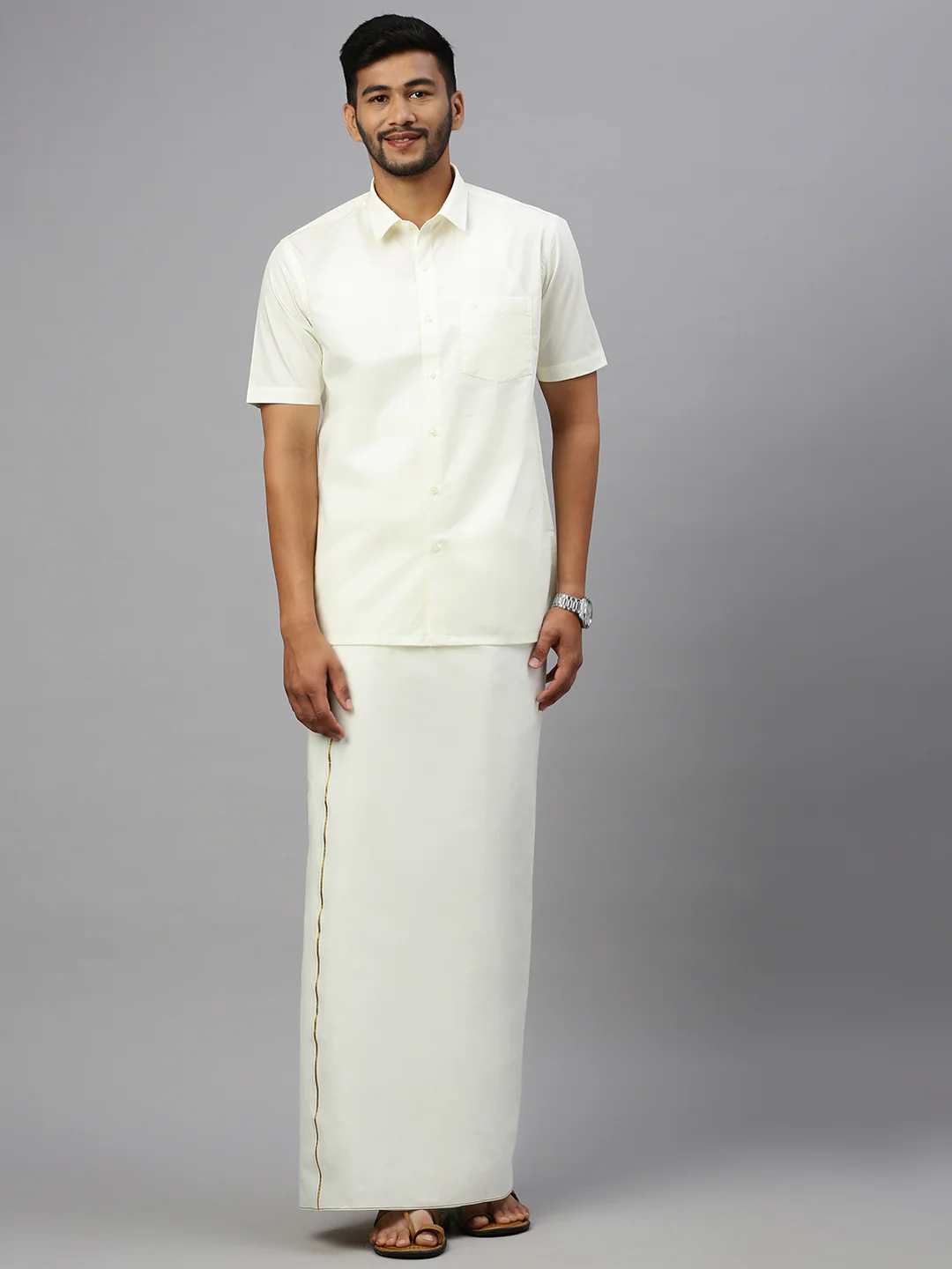 Men 100% Cotton Single Layer Cream Dhoti with Gold Jari Border Smart Nice - Image 3