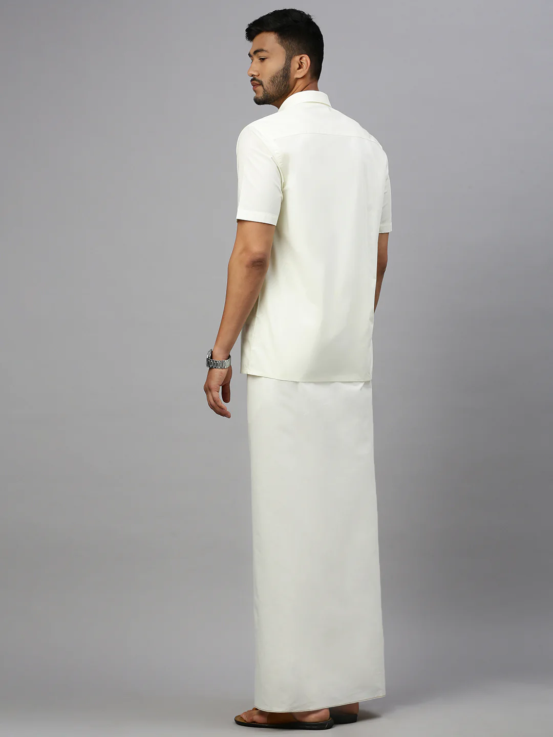 Men 100% Cotton Single Layer Cream Dhoti with Gold Jari Border Smart Nice - Image 4