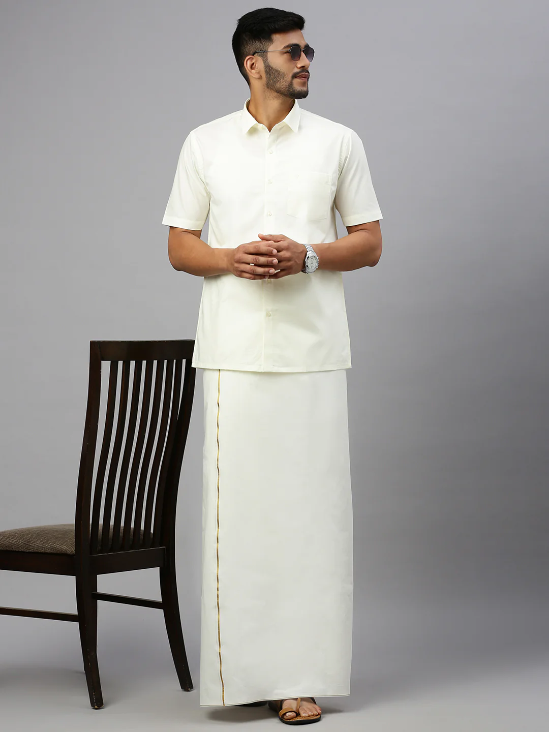Men 100% Cotton Single Layer Cream Dhoti with Gold Jari Border Smart Nice - Image 5