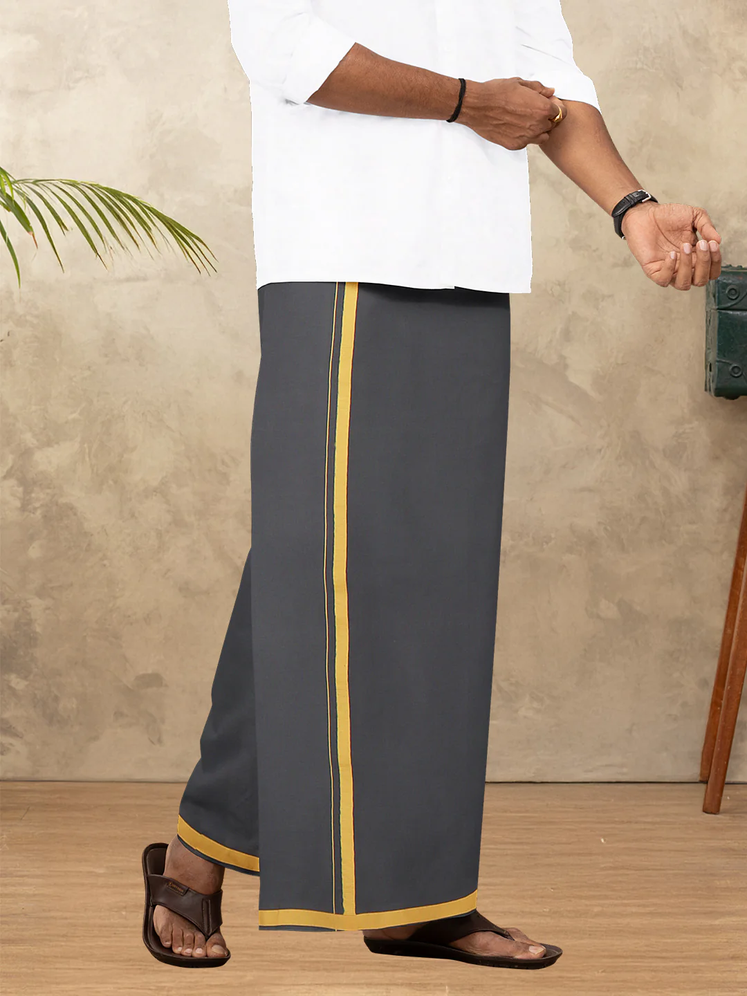 Men 100% Cotton Single Layer Dark Cement Dhoti with Big Border Poojan