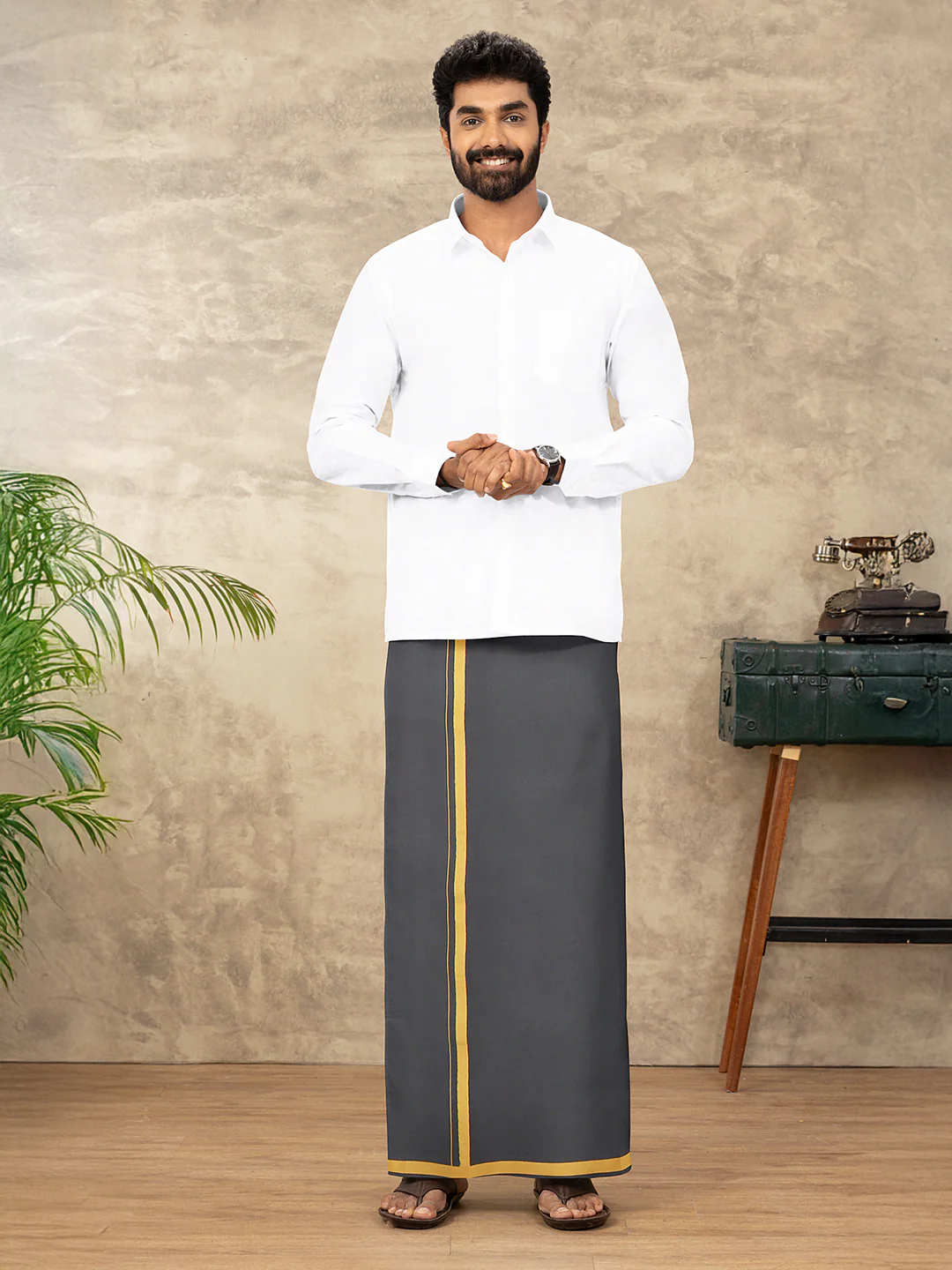 Men 100% Cotton Single Layer Dark Cement Dhoti with Big Border Poojan - Image 2
