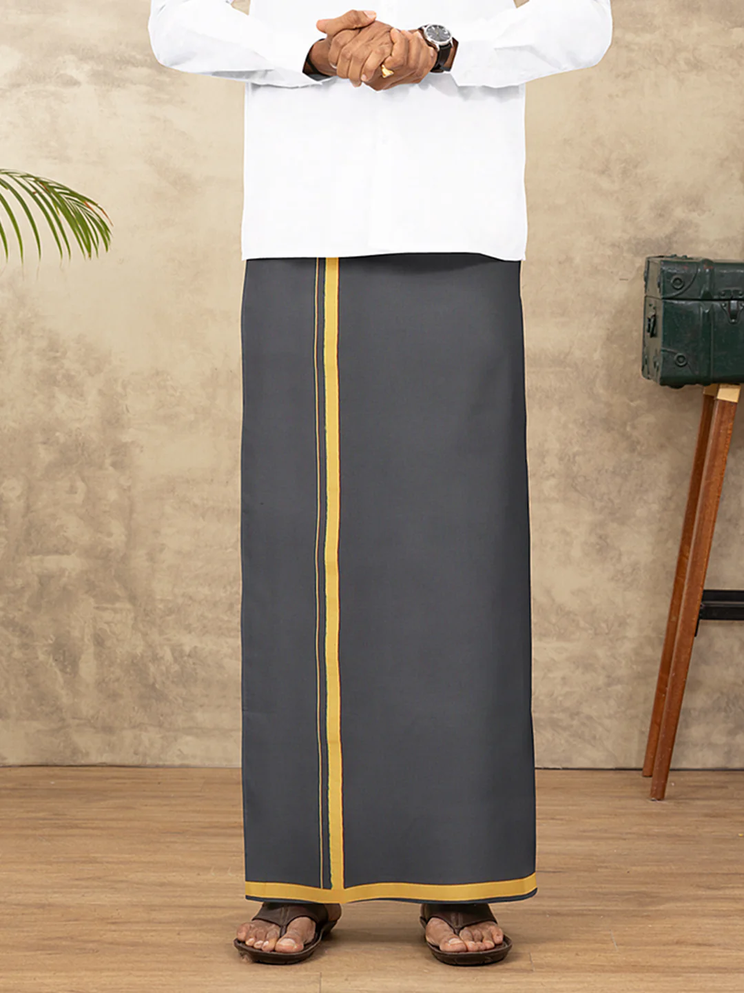 Men 100% Cotton Single Layer Dark Cement Dhoti with Big Border Poojan - Image 5