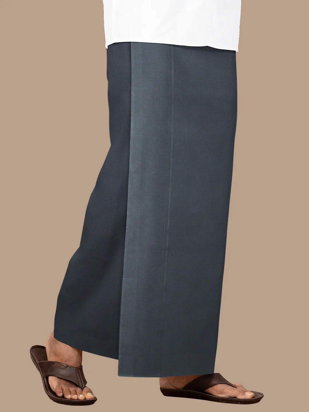 Men 100% Cotton Single Layer Dark Cement Dhoti with Assorted Border Poojan Paramas - Image 2