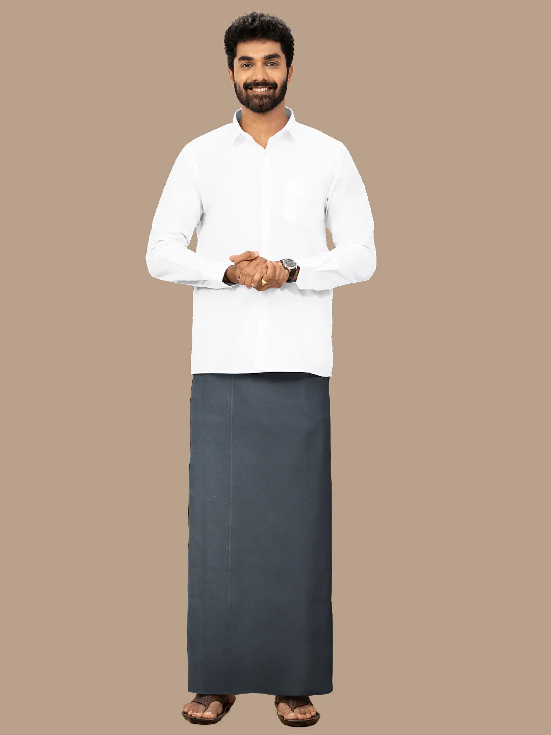 Men 100% Cotton Single Layer Dark Cement Dhoti with Assorted Border Poojan Paramas - Image 4