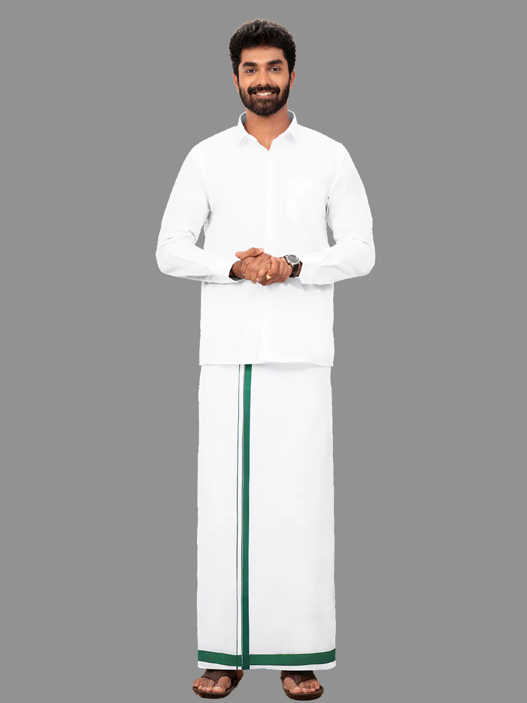 Men 100% Cotton Single Layer Dhoti with Assorted Border Image - Image 3