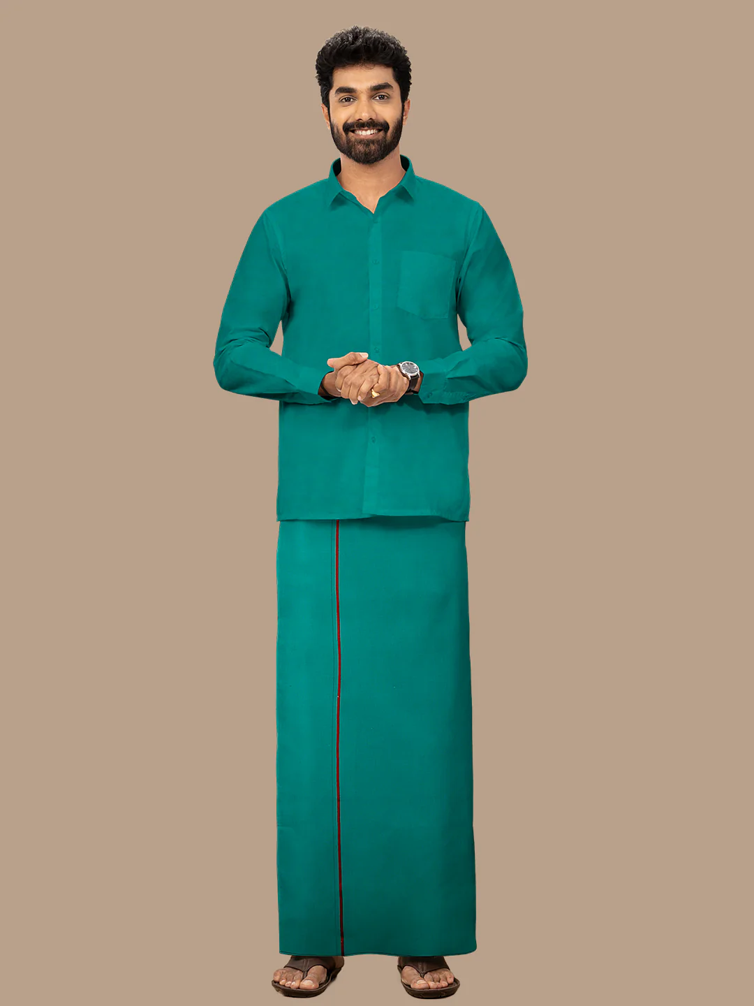Men 100% Cotton Single Layer Green Dhoti with Assorted Border Poojan SB - Image 3