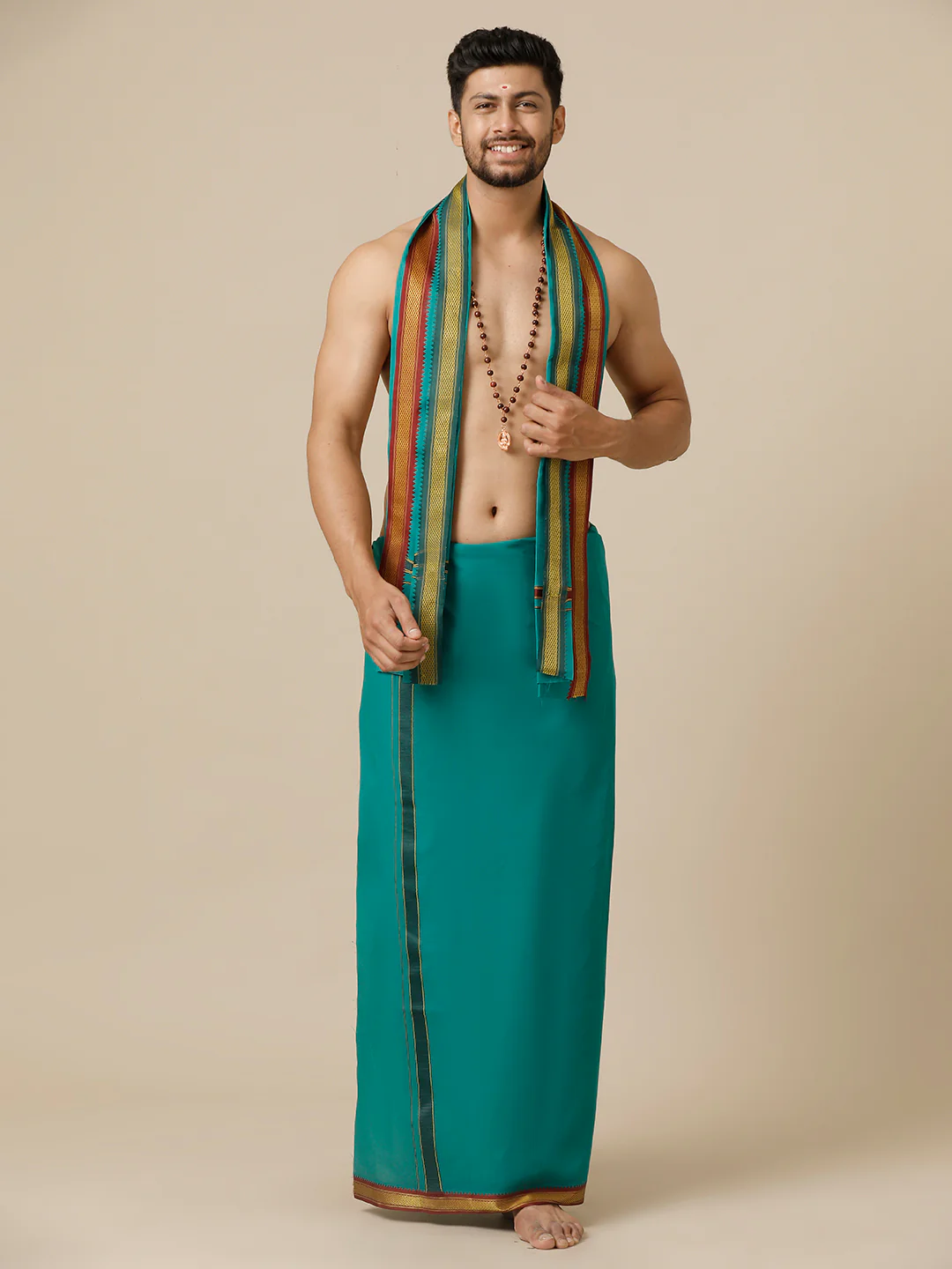 Men 100% Cotton Single Layer Green Dhoti with Mayilkhan Border Brindhavan - Image 2